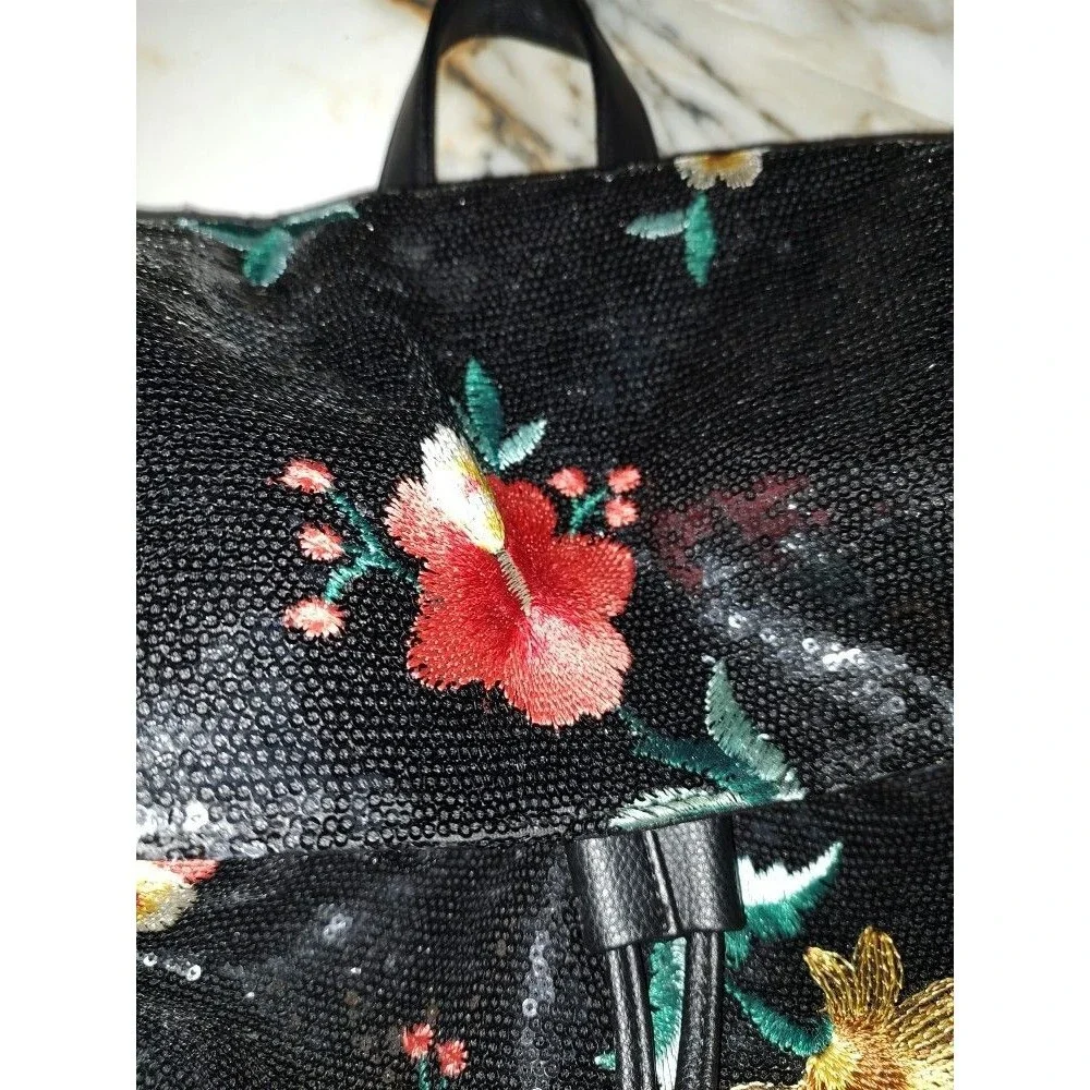 Beautiful Women's Unbranded Sequin Floral Black Backpack 12